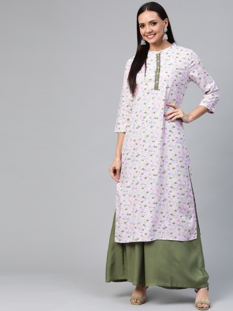 

HERE&NOW Women Pink & Olive Green Floral Print Kurta with Palazzos