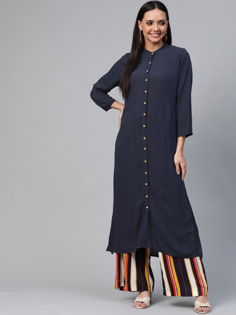 

HERE&NOW Women Navy Blue & Yellow Solid Kurta with Palazzos