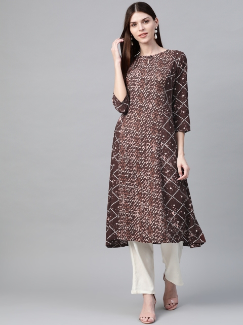 

HERE&NOW Women Brown & Off-White Printed Kurta with Trousers