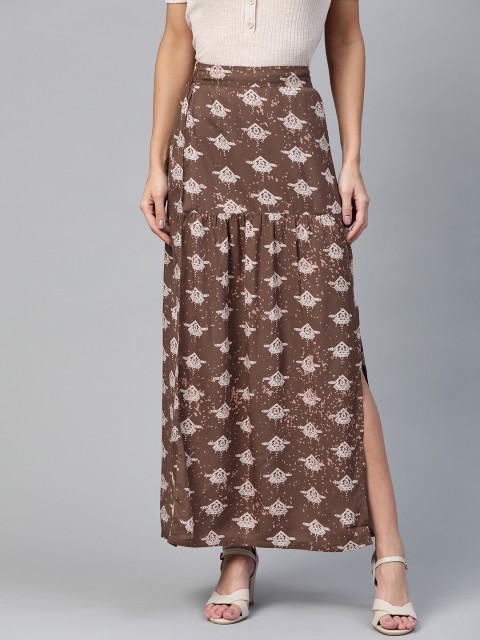

HERE&NOW Women Brown & Beige Printed Straight Maxi Skirt
