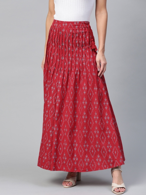 

HERE&NOW Women Red & Grey Pintucks Printed Flared Maxi Skirt
