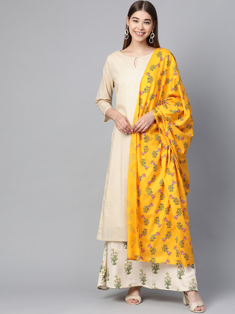 

HERE&NOW Women Beige & Yellow Solid Kurta with Palazzos & Dupatta