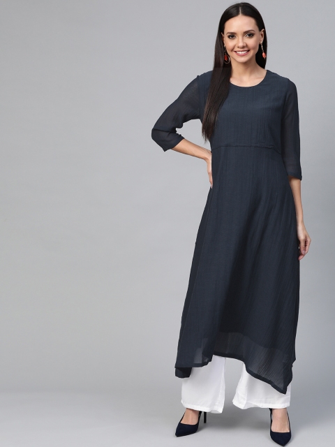 

HERE&NOW Women Navy Blue & White Self Design Kurta with Palazzos