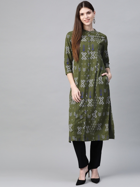 

HERE&NOW Women Olive Green & Black Printed Kurta with Trousers