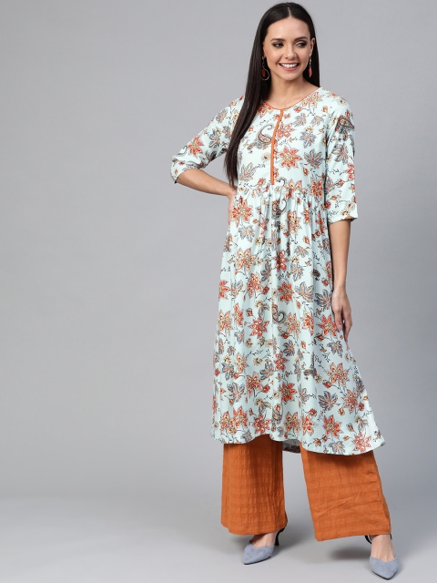 

HERE&NOW Women Blue & Orange Floral Print Kurta with Palazzos