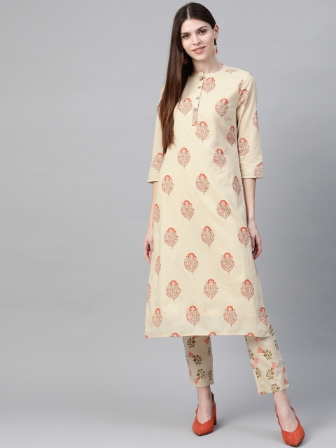 

HERE&NOW Women Beige & Orange Printed Kurta with Trousers