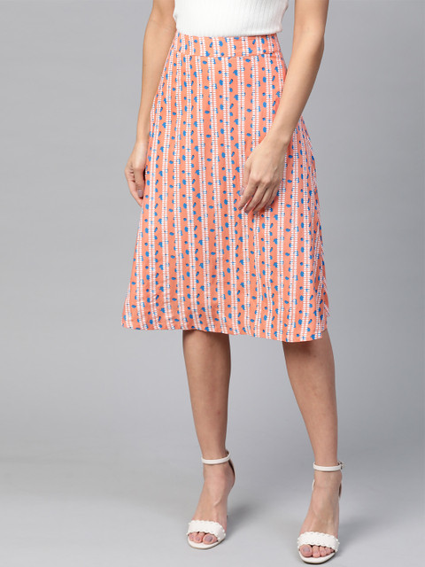 

HERE&NOW Women Peach-Coloured & Blue Printed A-Line Skirt