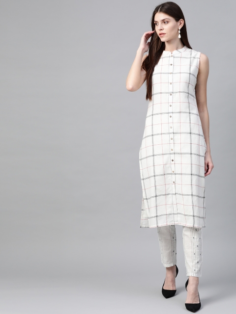 

HERE&NOW Women White & Black Checked Kurta with Trousers