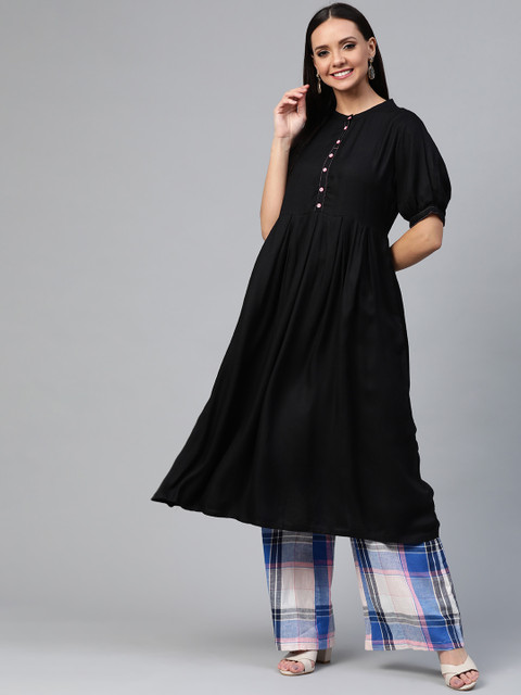 

HERE&NOW Women Black Solid Kurta with Checked Palazzos
