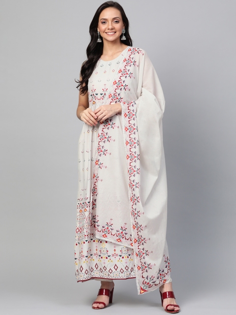 

HERE&NOW Women Grey & Burgundy Printed Kurta with Trousers & Dupatta