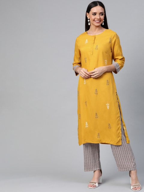 

HERE&NOW Women Mustard Yellow & Brown Printed Kurta with Trousers
