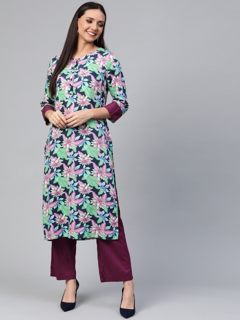 

HERE&NOW Women Navy Blue & Purple Floral Print Kurta with Palazzos