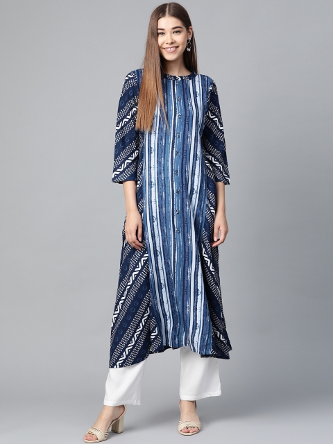 

HERE&NOW Women Navy Blue & White Printed Kurta with Trousers