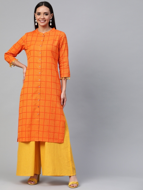 

HERE&NOW Women Orange & Mustard Yellow Checked Kurta with Palazzos