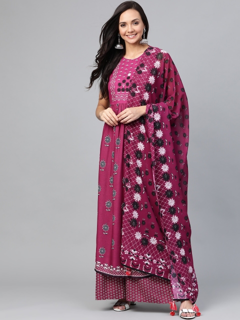 

HERE&NOW Women Magenta & Black Printed Kurta with Palazzos & Dupatta
