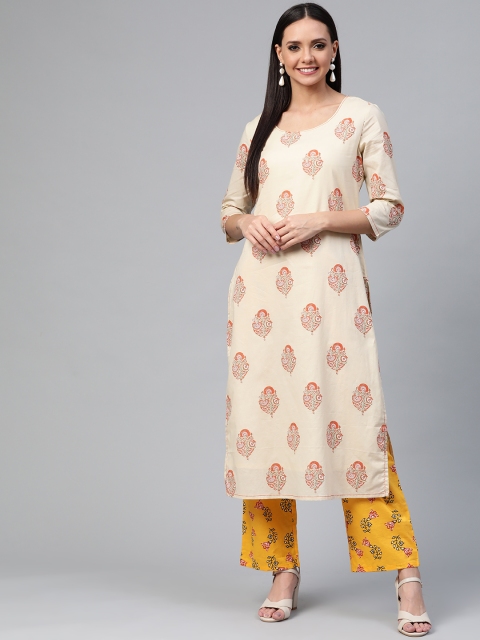 

HERE&NOW Women Beige & Mustard Yellow Printed Kurta with Palazzos