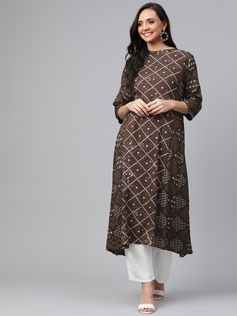 

HERE&NOW Women Coffee Brown & White Printed Kurta with Palazzos