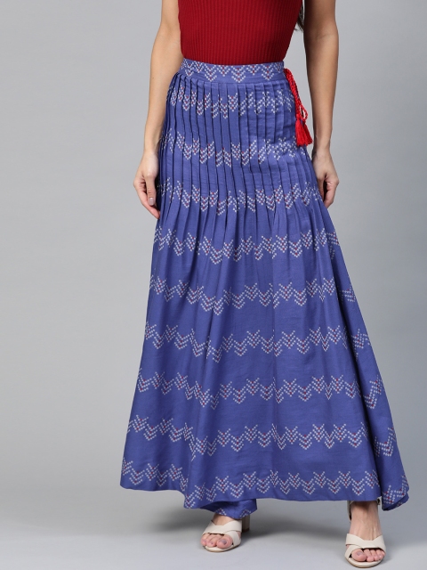 

HERE&NOW Women Blue & White Pintucks Printed Flared Maxi Skirt