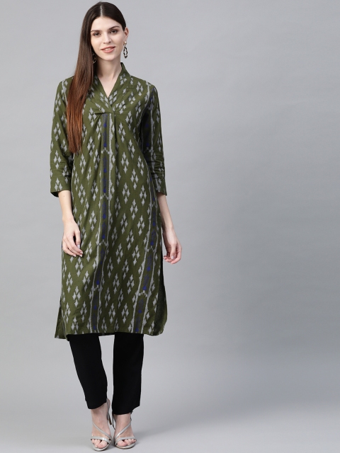 

HERE&NOW Women Olive Green & Black Printed Kurta with Trousers