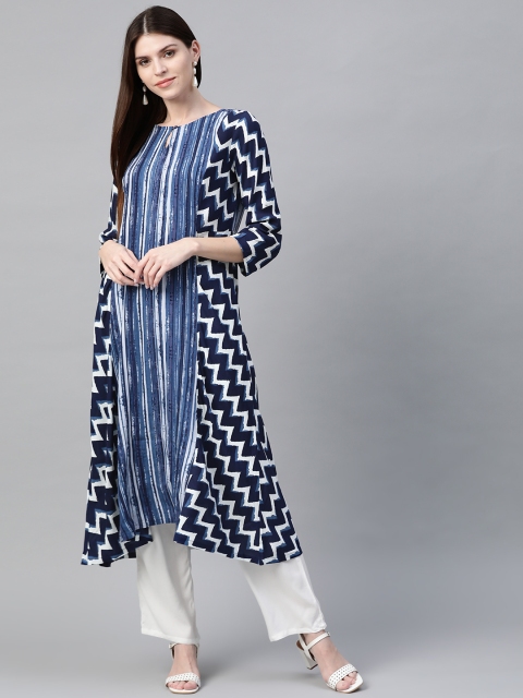 

HERE&NOW Women Navy Blue & White Printed Kurta with Trousers