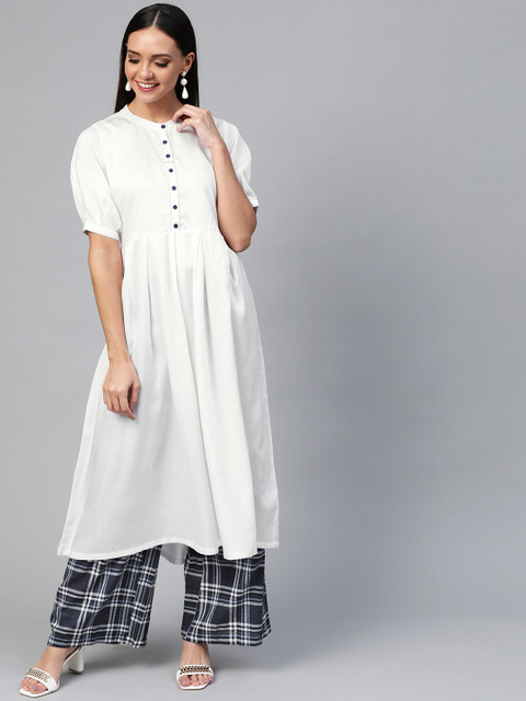 

HERE&NOW Women White & Navy Blue Solid Kurta with Palazzos