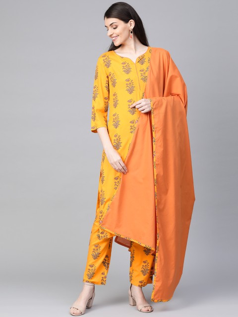 

HERE&NOW Women Yellow & Orange Printed Kurta with Trousers & Dupatta