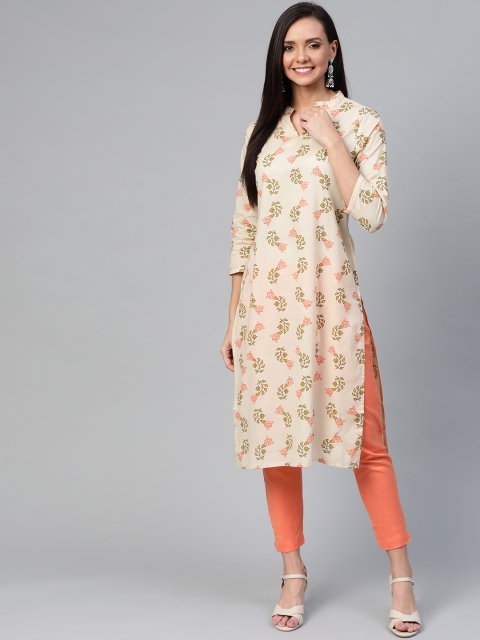 

HERE&NOW Women Off-White & Orange Printed Straight Kurta