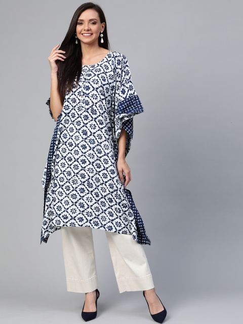 

HERE&NOW Women Navy Blue & White Asymmetric Printed Kaftan Kurta