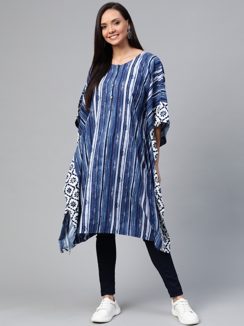 

HERE&NOW Women Blue Striped Asymmetric Kaftan Kurta