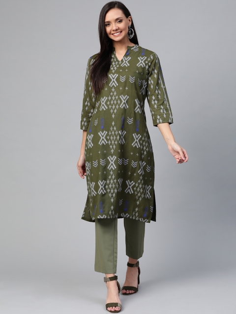 

HERE&NOW Women Olive Green & Grey Printed Straight Kurta