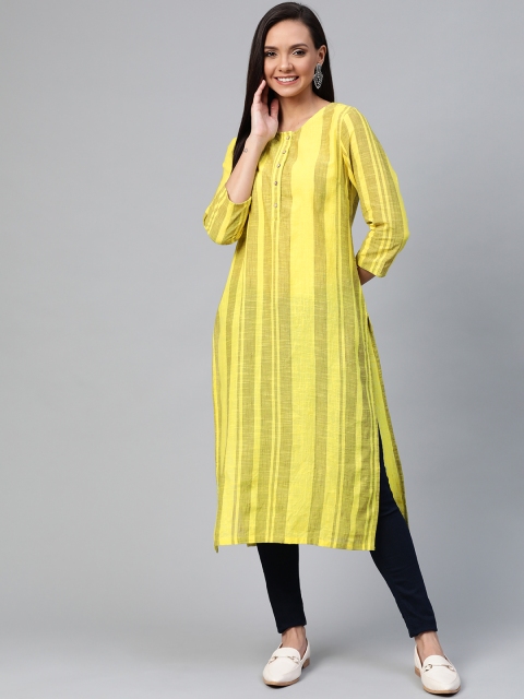 

HERE&NOW Women Yellow & Grey Striped Straight Kurta