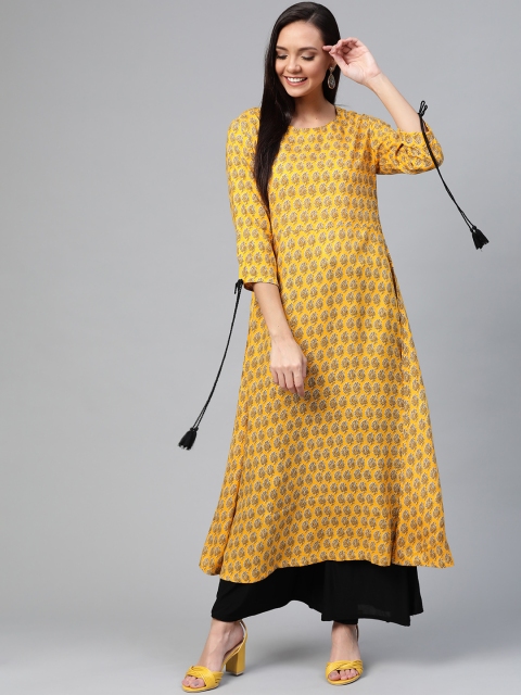 

HERE&NOW Women Mustard Yellow & Black Printed A-Line Kurta