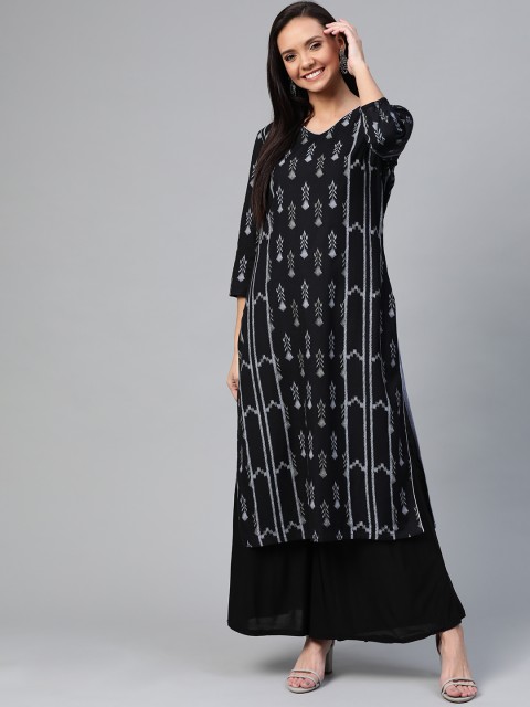 

HERE&NOW Women Black & Grey Printed Straight Kurta