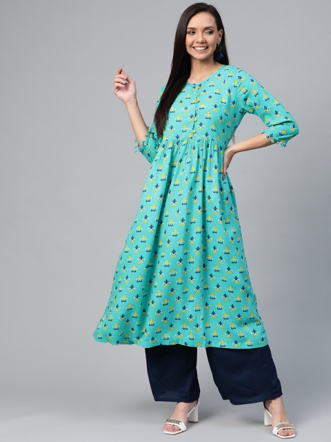 

HERE&NOW Women Blue & Mustard Yellow Printed A-Line Kurta