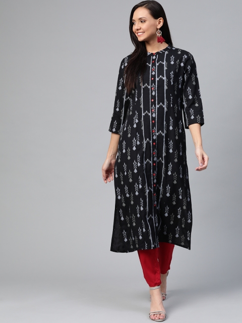 

HERE&NOW Women Black & Grey Printed Straight Kurta