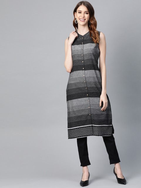 

HERE&NOW Women Black & Grey Striped Straight Kurta