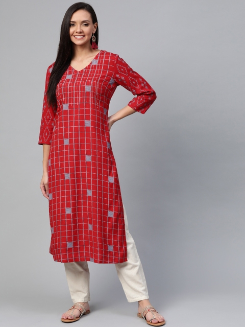 

HERE&NOW Women Red & Grey Embroidered Checked Straight Kurta