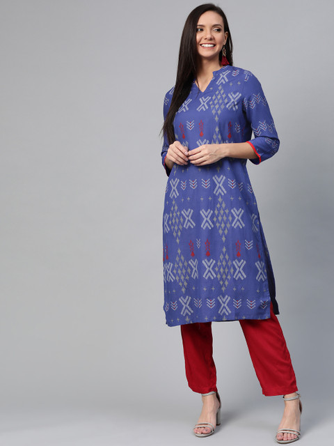 

HERE&NOW Women Blue & Red Printed Straight Kurta