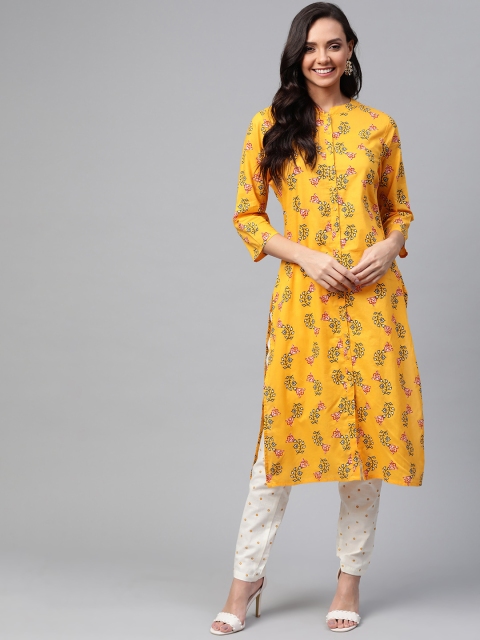 

HERE&NOW Women Mustard Yellow & Green Printed Straight Kurta