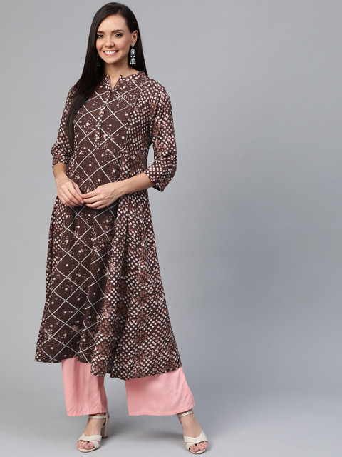

HERE&NOW Women Brown & White Bandhani Printed Anarkali Kurta