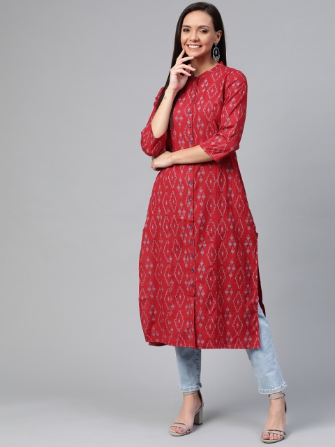 

HERE&NOW Women Maroon & Blue Printed Straight Kurta