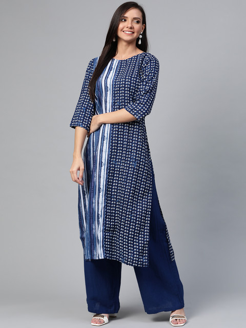 

HERE&NOW Women Navy Blue & White Bandhani Printed Straight Kurta