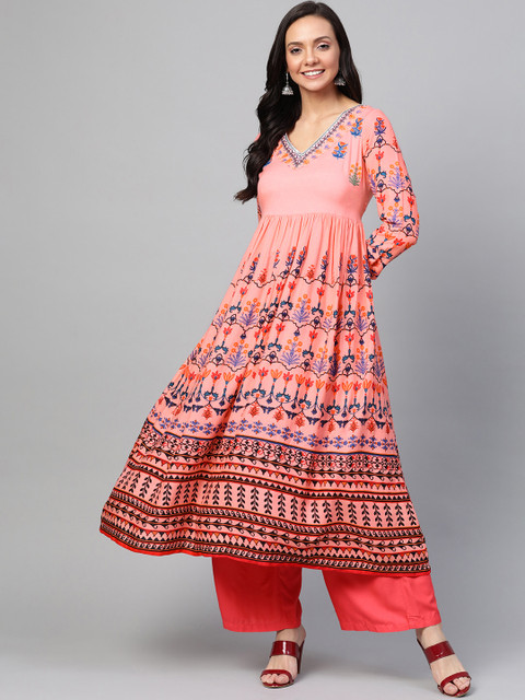 

HERE&NOW Women Coral Pink & Blue Printed A-Line Kurta