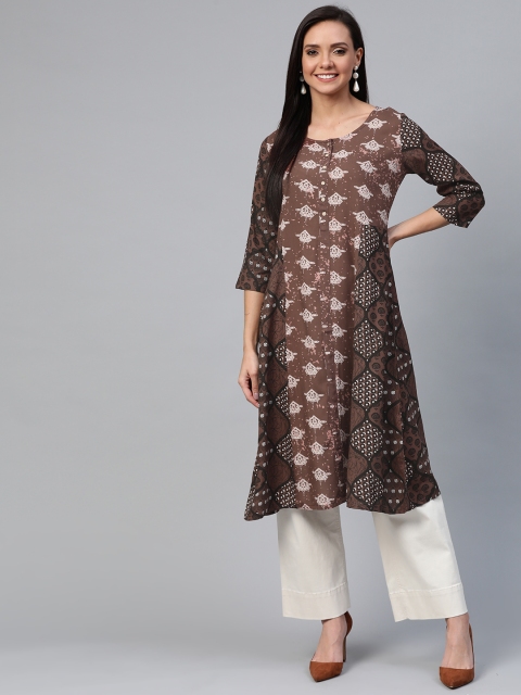 

HERE&NOW Women Brown & Off-White Printed A-Line Kurta
