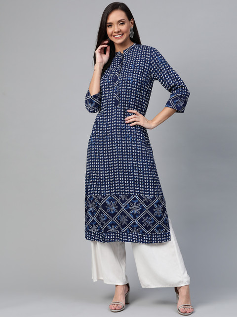 

HERE&NOW Women Navy Blue & White Printed Straight Kurta