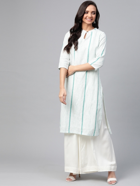 

HERE&NOW Women White & Green Striped Straight Kurta