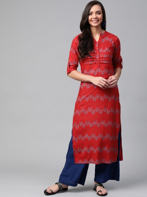 

HERE&NOW Women Red & Grey Printed Straight Kurta