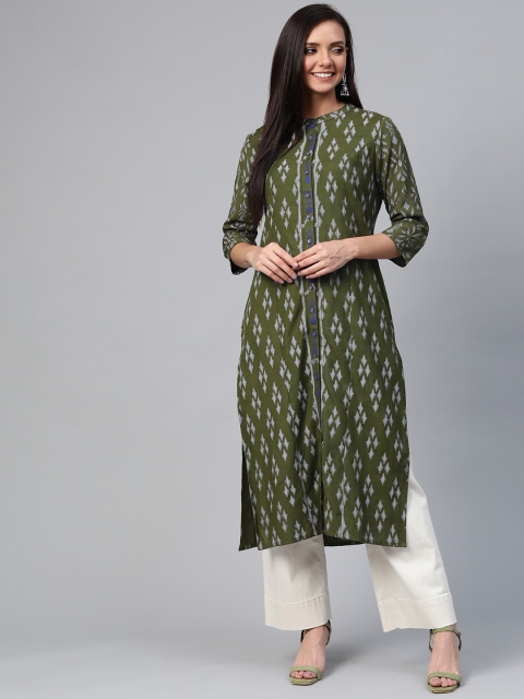 

HERE&NOW Women Green & Grey Printed Straight Kurta