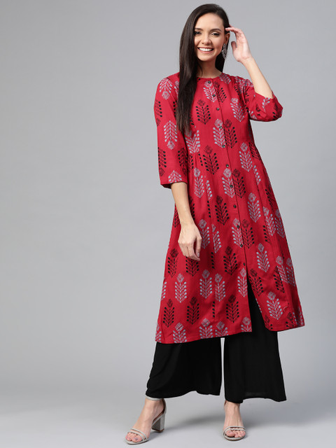 

HERE&NOW Women Maroon & Black Printed A-Line Kurta