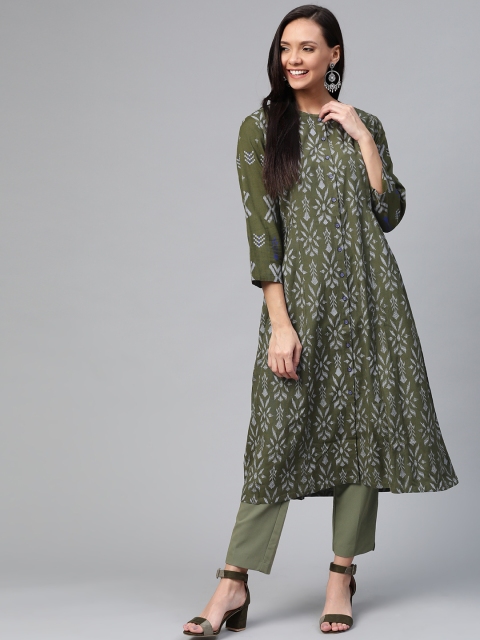 

HERE&NOW Women Olive Green & Grey Printed A-Line Kurta